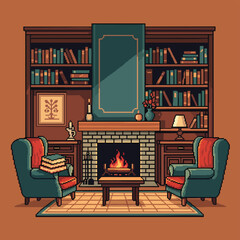 Cozy Pixel Art Library Room with Fireplace and Armchairs.