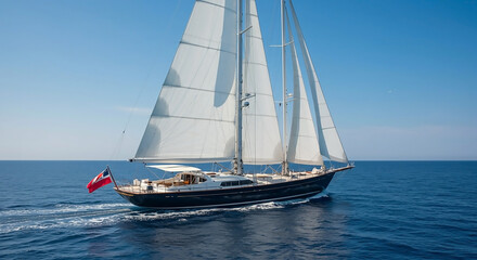 Fototapeta premium Luxury Sailing Yacht on Open Ocean Under a Clear Blue Sky