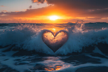 a heart shaped wave in the ocean at sunset