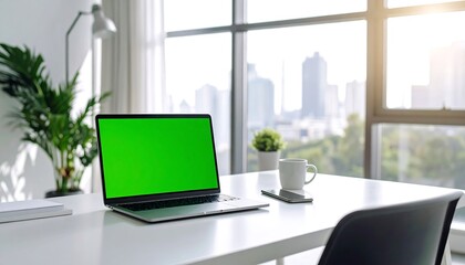 Laptop on white desk, green screen, city view