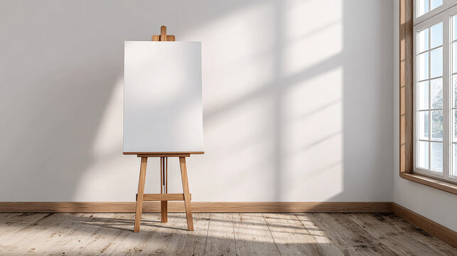 An empty white canvas rests on a wooden easel in a sunlit room with a window