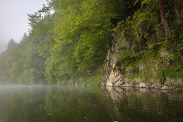 Spływ kajakami po rzece Poprad w Leluchowie wiosną.
