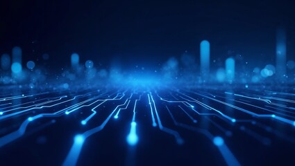 Highly detailed 3D render of an abstract futuristic technology background in vibrant blue tones. Features glowing circuit lines, data streams, neon light effects, soft gradients, geometric shapes