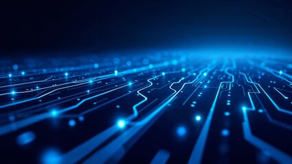 Futuristic blue technology background with glowing circuit lines and geometric patterns – high detail 3D render