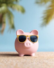 Piggy bank wearing sunglasses on beach symbolizing summer budget travel