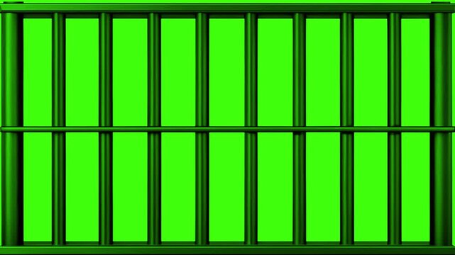 Prison Bars on Green Screen: Metal Bars for Justice or Confinement, 3d rendered animation of opening prison door on green screen. Jail bars with green background for chroma key use.