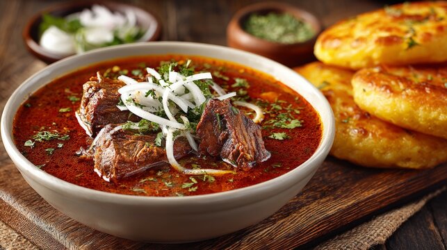 Delicious nihari with fresh garnish and sides on wooden table - ideal for culinary design and inspiration.