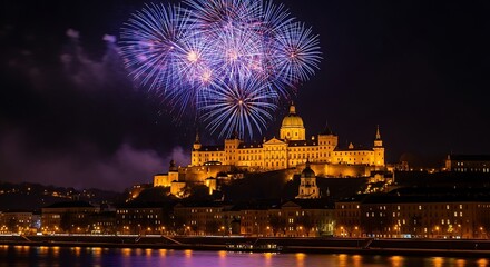 Blue and purple fireworks explode over illuminated historic castle at night celebration display