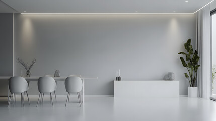 A clean, architectural dining room with smooth matte walls, recessed lighting, and a floating white dining table.