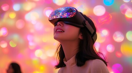 Immersive virtual experience: Young woman explores the digital universe