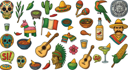 Vibrant Mexican Culture Art with Skulls, Cactus, Sombrero, and Fiesta Elements