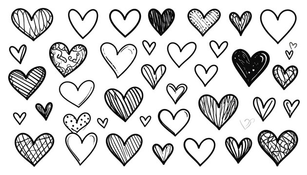 Various hand-drawn heart shapes, black and white