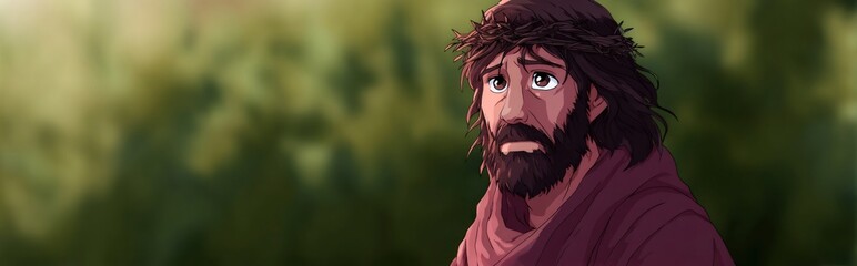 Jesus christ wearing crown of thorns reflecting in nature
