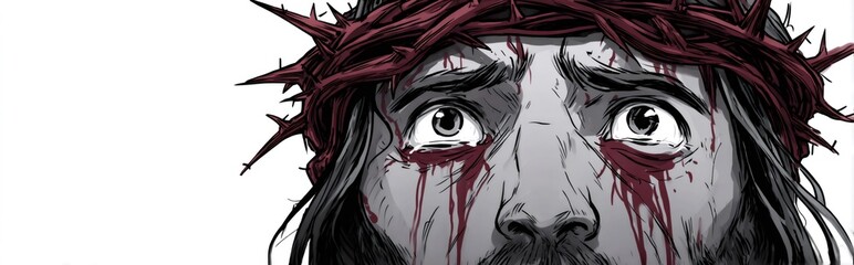 Jesus christ wearing crown of thorns with blood dripping from eyes