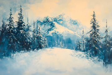 a painting of a snowy mountain with trees