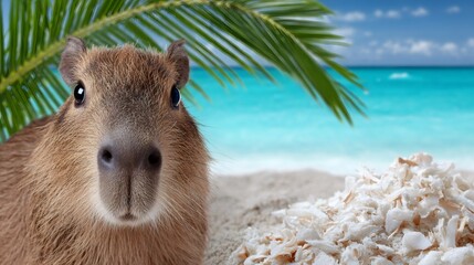 Capybara enjoying tropical beach with coconut flakes