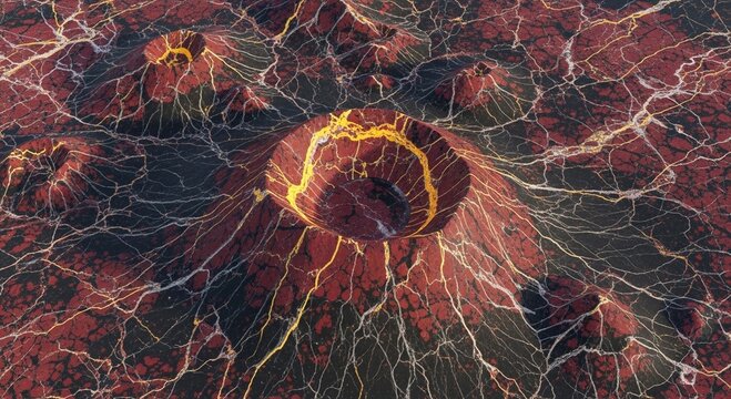 An otherworldly volcanic landscape with a large central crater and a network of glowing lava fissures. - Powered by Adobe