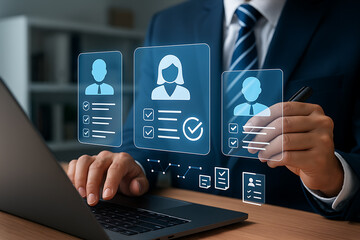Businessman using laptop for digital recruitment, candidate selection, online hr management, and employee profile evaluation