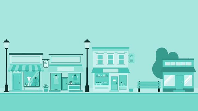2D animation loop of a cyan city street with flat-style buildings, streetlight, and bench. The minimal design and cool pastel palette make it ideal for motion design or corporate explainer content.