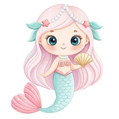 Cute cartoon mermaid with pink hair and a seashell