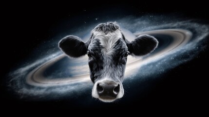 Cow head emerging from saturn rings in cosmic dairy farm