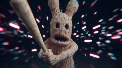 Scary anthropomorphic wooden log creature holding baseball bat in space