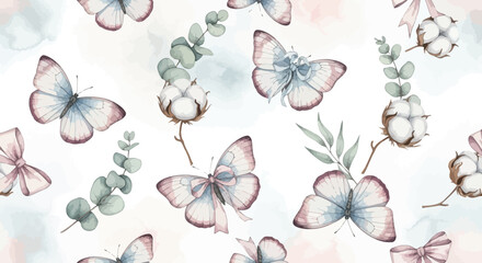 Butterfly Watercolor Seamless Pattern with Bow Accents for Gifts & Decor