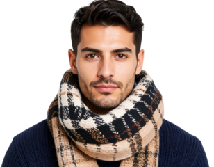 Close-Up Portrait of Man with Stubble Wearing Patterned Scarf, Front-Facing Expression, Transparent Background PNG