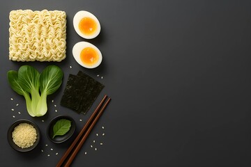 Top view of asian ramen ingredients on dark slate background

