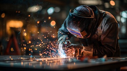 Worker welding in factory wearing protective gear sparks flying focused on metalwork