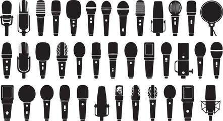 Fototapeta premium Diverse microphone collection black silhouettes audio