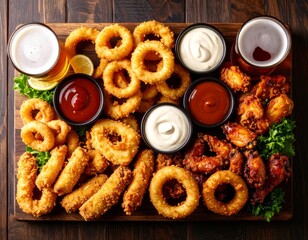 A top-down view of a large wooden platter laden with crispy fried onion rings, chicken wings, mozzarella sticks, and various dipping sauces, accompanied by two glasses of beer.