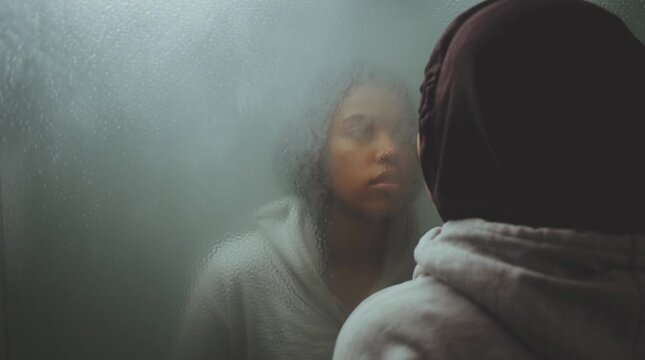 A person stares at their own reflection in a foggy mirror, lost in thought. A symbolic, introspective image evoking self-reflection, identity, and emotional depth&mdash;ideal for mental health visuals.
