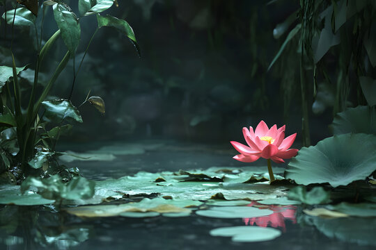 a pink flower is sitting in a pond