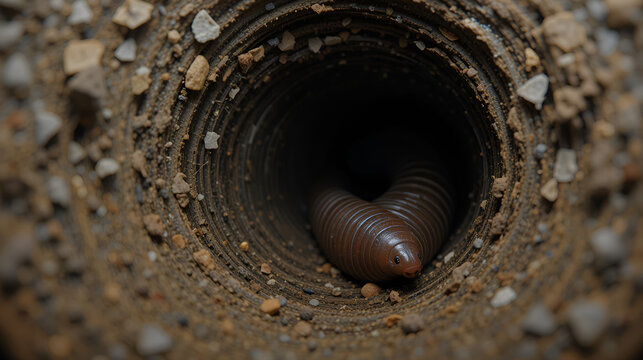 A long common earthworm crawling in a tunnel