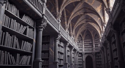 A grand, gothic library interior with towering bookshelves and vaulted ceilings.