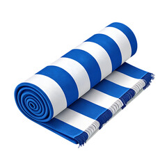 Rolled blue and white striped beach towel isolated on transparent background
