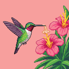 Obraz premium Pixel Art Hummingbird Feeding on Pink Flowers.