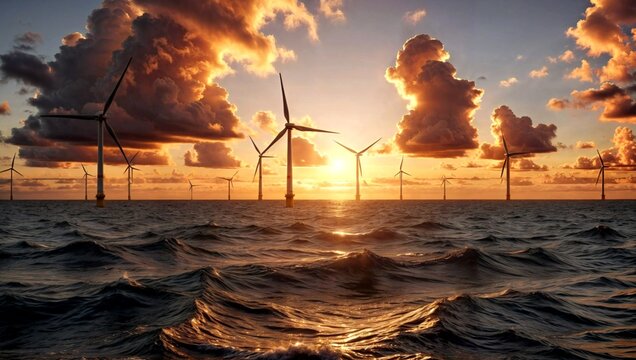 Dramatic sunset over the ocean with towering offshore wind turbines, symbolizing renewable energy and sustainability.