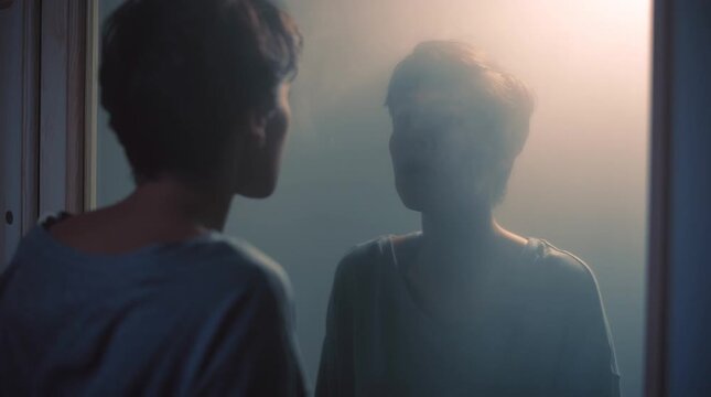 A person stares at their own reflection in a foggy mirror, lost in thought. A symbolic, introspective image evoking self-reflection, identity, and emotional depth&mdash;ideal for mental health visuals.
