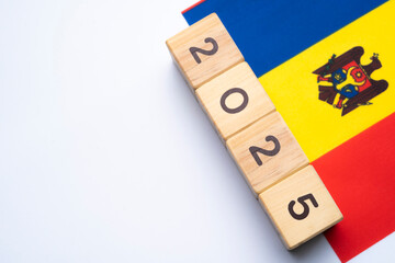 2025, Moldova, Moldova flag with date block, Concept, Important events for Moldova the new year,...