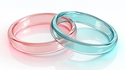 Fototapeta premium Two translucent rings, one pinkish-red, the other light teal-blue, rest on a white surface