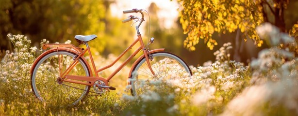 Fototapeta premium The charming orange bicycle resting in a sunlit flower-filled meadow.