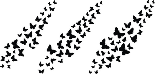 Cad drawing flat vector illustration, black and white butterfly silhouettes flying, nature-inspired concept design, minimalist editable digital artwork