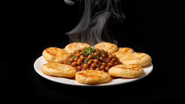 Savor Steaming Chole Bhature Delight Fluffy Bread Spicy Curry on Dark Background Rising Smoke Authentic Indian Cuisine Delicious Gourmet Treat