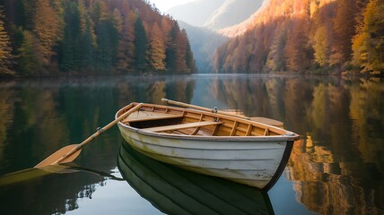 Wooden rowboat on calm autumn lake water