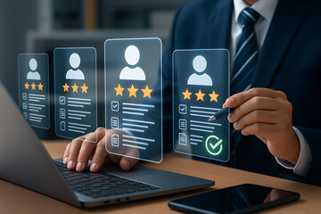 Digital recruitment process with resume profiles and rating icons, hr management, candidate selection, and online hiring platform