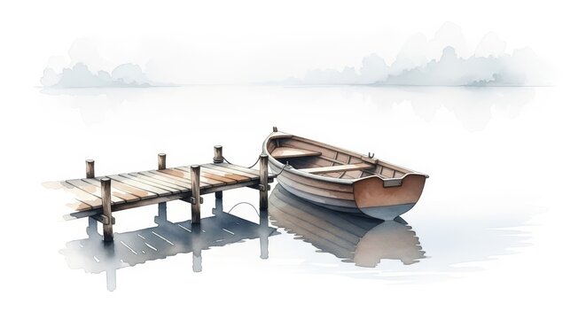 Fototapeta Tranquil Morning: Rowboat at Pier - Serene watercolor painting of a solitary wooden rowboat moored at a rustic pier on a calm misty lake, symbolizing peace, solitude, reflection, journey, and hope