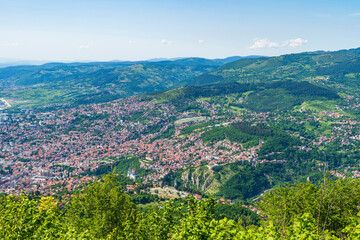 Aerial view of Sarajevo and surrounding Dinaric Alps from Mount Trebevic, Bosnia and Herzegovina