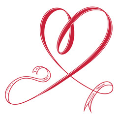 Elegant red ribbon forming a heart shape with swirling ends